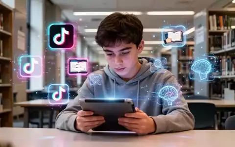 Eine junge Studentin konzentriert sich auf ein Tablet in einer modernen Universitätsbibliothek, umgeben von schwebenden holografischen Symbolen. - Foto: über boerse-global.de