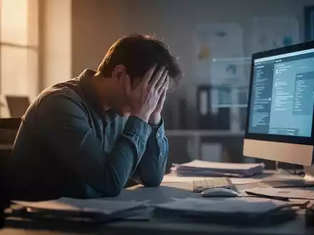 Eine Person sitzt am Schreibtisch, den Kopf in den Händen, umgeben von verschwommenen Büroelementen, die Stress und Burnout symbolisieren. - Foto: über boerse-global.de