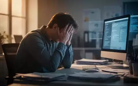 Eine Person sitzt am Schreibtisch, den Kopf in den Händen, umgeben von verschwommenen Büroelementen, die Stress und Burnout symbolisieren. - Foto: über boerse-global.de