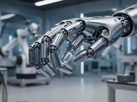Detailreiche, metallische Roboterhand mit mehreren Gelenkfingern, die in einem modernen Labor vorsichtig ein kleines, filigranes Objekt greift. - Foto: über boerse-global.de