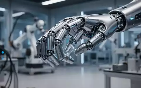 Detailreiche, metallische Roboterhand mit mehreren Gelenkfingern, die in einem modernen Labor vorsichtig ein kleines, filigranes Objekt greift. - Foto: über boerse-global.de