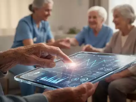 Seniorenhand berührt futuristisches Tablet mit Gesundheitsdaten, unscharfe Pflegekraft und Senior im Hintergrund, symbolisiert digitale Gesundheitslösungen. - Foto: über boerse-global.de