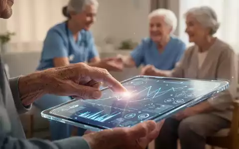 Seniorenhand berührt futuristisches Tablet mit Gesundheitsdaten, unscharfe Pflegekraft und Senior im Hintergrund, symbolisiert digitale Gesundheitslösungen. - Foto: über boerse-global.de