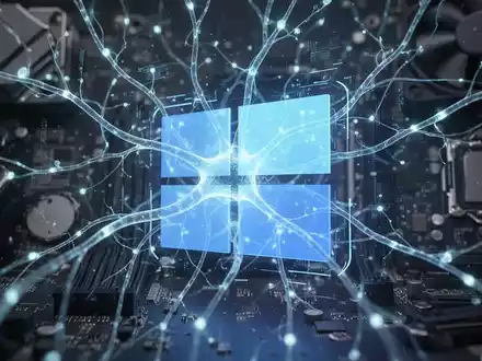 Stilisiertes Windows 11-Logo mit leuchtenden, verbundenen Linien, die KI und neuronale Netze darstellen und lokale KI-Integration symbolisieren. - Foto: über boerse-global.de