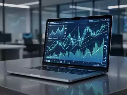 Ein modernes Apple MacBook mit leuchtendem Touchscreen, der Finanzdaten-Visualisierungen anzeigt, in einem High-Tech-Büro. - Foto: über boerse-global.de
