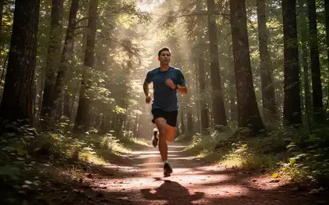 Eine Person joggt auf einem sonnigen Waldweg, Lichtstrahlen fallen durch die Bäume. Der Läufer ist in Bewegung. - Foto: über boerse-global.de