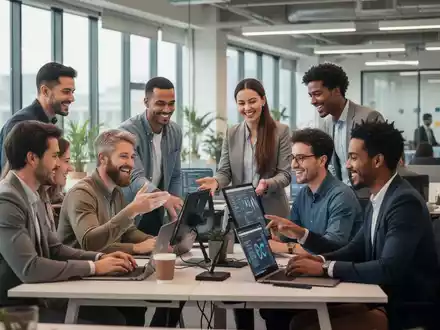 Eine Gruppe vielfältiger Fachkräfte arbeitet engagiert in einem modernen, flexiblen Büro zusammen und nutzt Technologie. - Foto: über boerse-global.de