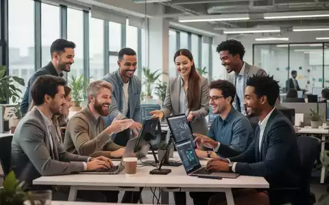 Eine Gruppe vielfältiger Fachkräfte arbeitet engagiert in einem modernen, flexiblen Büro zusammen und nutzt Technologie. - Foto: über boerse-global.de