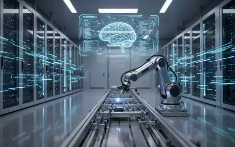 Ein futuristischer Serverraum mit leuchtenden Datenströmen und einem Roboterarm, der eine präzise Aufgabe ausführt, symbolisiert KI in der europäischen Industrie. - Foto: über boerse-global.de
