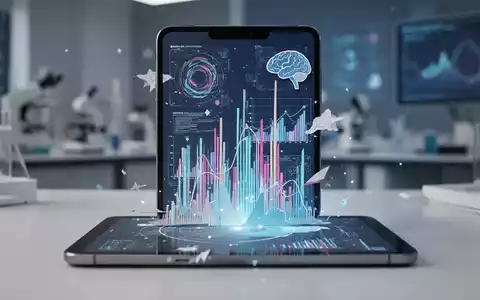 Tablet-Bildschirm mit vertikalem Video im Papierausschnitt-KI-Stil, umgeben von unscharfer, moderner Forschungsumgebung. - Foto: über boerse-global.de