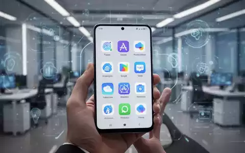 Nahaufnahme einer Hand, die ein Android-Smartphone mit Produktivitäts-App-Symbolen hält, unscharfer High-Tech-Hintergrund. - Foto: über boerse-global.de