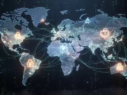 Abstraktes digitales Netzwerk mit verbundenen globalen Knotenpunkten, Symbol für diversifizierte KI-Lieferketten und internationale Zusammenarbeit. - Foto: über boerse-global.de