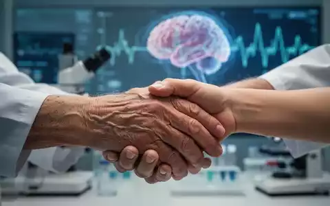 Eine ältere Hand hält eine jüngere Hand, im Hintergrund verschwommen medizinische Forschungsausrüstung. - Foto: über boerse-global.de
