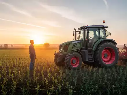 Ein Landwirt steht bei Sonnenaufgang auf einem Feld neben einem Traktor und überblickt seine Felder, was neue steuerliche Fristen und bürokratische Änderungen in der Landwirtschaft symbolisiert. - Foto: über boerse-global.de