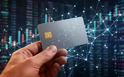 Eine Hand hält eine elegante Zahlungskarte mit digitalen Finanzdaten und Netzlinien im Hintergrund, die Krypto-Finanzierung symbolisiert. - Foto: über boerse-global.de
