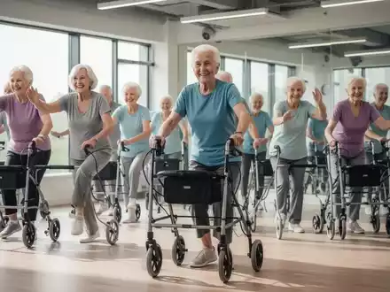 Senioren nehmen an einem Rollator-Gymnastikprogramm teil, lächeln und führen koordinierte Übungen mit ihren Rollatoren in einem Fitnessstudio durch. - Foto: über boerse-global.de
