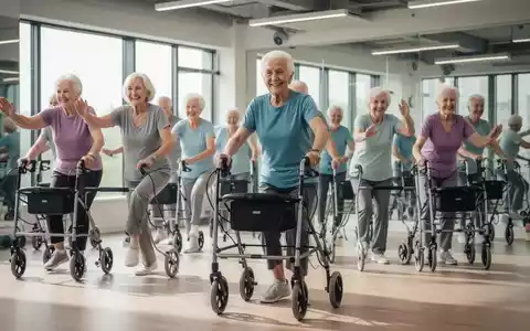 Senioren nehmen an einem Rollator-Gymnastikprogramm teil, lächeln und führen koordinierte Übungen mit ihren Rollatoren in einem Fitnessstudio durch. - Foto: über boerse-global.de