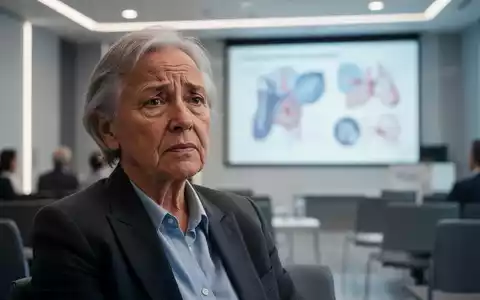 Eine ältere Person sitzt nachdenklich in einem modern beleuchteten Seminarraum mit verschwommenen medizinischen Grafiken im Hintergrund. - Foto: über boerse-global.de