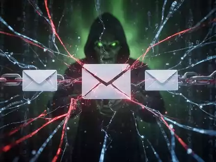 Abstrakte Visualisierung digitaler Kommunikationsstörung mit roten Linien, die blaue Datenströme durchbrechen, und grünem Leuchten, das E-Mail-Zustellungsprobleme und Cyber-Bedrohungen symbolisiert. - Foto: über boerse-global.de