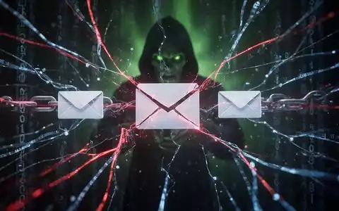 Abstrakte Visualisierung digitaler Kommunikationsstörung mit roten Linien, die blaue Datenströme durchbrechen, und grünem Leuchten, das E-Mail-Zustellungsprobleme und Cyber-Bedrohungen symbolisiert. - Foto: über boerse-global.de