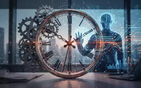 Ein stilisiertes Zifferblatt mit Zahnrädern, im Hintergrund eine menschliche Silhouette, die mit digitalen Elementen interagiert. - Foto: über boerse-global.de