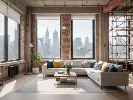 Ein modernes Apartment, das aus einem Gewerbegebäude umgebaut wurde, mit Blick auf eine Stadtlandschaft. - Foto: über boerse-global.de