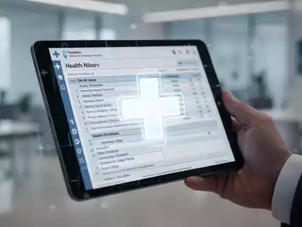 Eine Hand hält ein Tablet mit einer digitalen Patientenakte, im Hintergrund verschwommen ein Büro oder eine Klinik. - Foto: über boerse-global.de