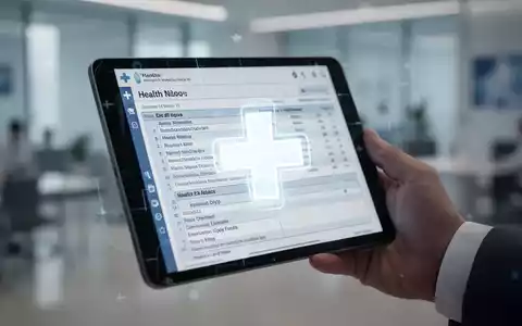 Eine Hand hält ein Tablet mit einer digitalen Patientenakte, im Hintergrund verschwommen ein Büro oder eine Klinik. - Foto: über boerse-global.de