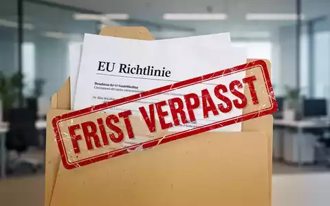 Eine leicht geöffnete Akte mit dem Titel 'EU Richtlinie' und einem roten Stempel 'FRIST VERPASST' vor unscharfem Bürohintergrund. - Foto: über boerse-global.de