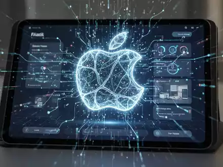 Leuchtendes Apple-Logo aus digitalen Datenströmen, in Smart-Home-Interface auf Tablet integriert, symbolisiert neue KI-Funktionen. - Foto: über boerse-global.de