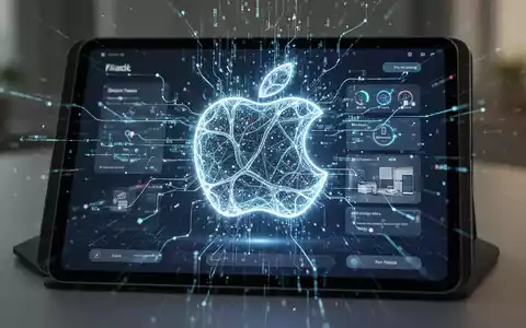 Leuchtendes Apple-Logo aus digitalen Datenströmen, in Smart-Home-Interface auf Tablet integriert, symbolisiert neue KI-Funktionen. - Foto: über boerse-global.de