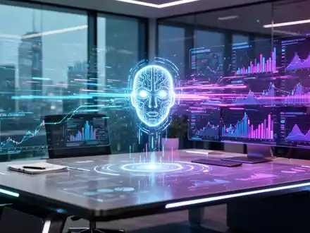 Leuchtendes, stilisiertes KI-Symbol auf digitaler Oberfläche, umgeben von Datenströmen und Finanzdiagrammen, symbolisiert KI-Integration im Geschäftswesen. - Foto: über boerse-global.de