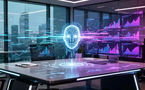 Leuchtendes, stilisiertes KI-Symbol auf digitaler Oberfläche, umgeben von Datenströmen und Finanzdiagrammen, symbolisiert KI-Integration im Geschäftswesen. - Foto: über boerse-global.de