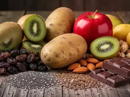 Eine Nahaufnahme einer Auswahl an ballaststoffreichen Lebensmitteln, darunter ungeschältes Obst, Gemüse, Nüsse und Samen. - Foto: über boerse-global.de