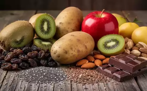 Eine Nahaufnahme einer Auswahl an ballaststoffreichen Lebensmitteln, darunter ungeschältes Obst, Gemüse, Nüsse und Samen. - Foto: über boerse-global.de