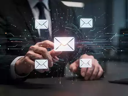 Nahaufnahme von Händen, die mit einem futuristischen holografischen E-Mail-Interface interagieren, symbolisiert Datenintegration und technologischen Wandel. - Foto: über boerse-global.de