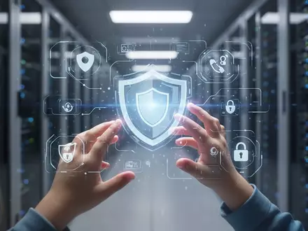 KinderhĂ€nde interagieren mit einer holografischen BenutzeroberflĂ€che, die digitale Sicherheitssymbole und ein Schild anzeigt. - Foto: ĂŒber boerse-global.de