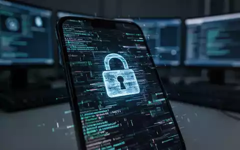 Smartphone-Bildschirm mit abstraktem, glitchartigem Code, der Sicherheitslücken symbolisiert, unscharfe Technik im Hintergrund. - Foto: über boerse-global.de