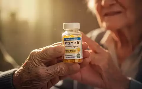 Eine ältere Hand hält eine kleine Flasche Vitamin-D-Nahrungsergänzungsmittel, die Gesundheit und Pflege symbolisiert. - Foto: über boerse-global.de