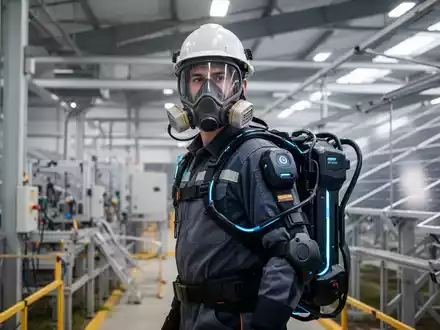 Ein Arbeiter trägt fortschrittliche persönliche Schutzausrüstung (PSA), darunter eine Vollmaske und ein Exoskelett, in einer modernen Industrieumgebung. - Foto: über boerse-global.de