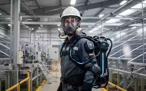 Ein Arbeiter trägt fortschrittliche persönliche Schutzausrüstung (PSA), darunter eine Vollmaske und ein Exoskelett, in einer modernen Industrieumgebung. - Foto: über boerse-global.de