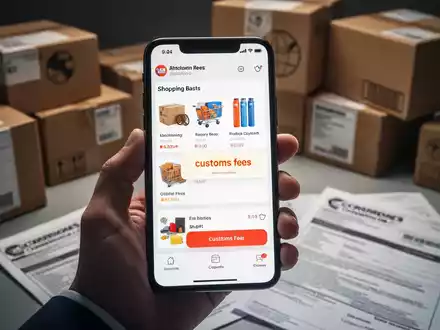 Eine Hand hält ein Smartphone mit einem Online-Warenkorb und einer Nachricht über Zollgebühren. Im Hintergrund verschwommene Pakete und Zolldokumente. - Foto: über boerse-global.de