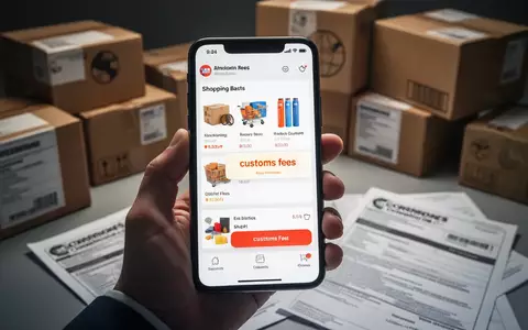Eine Hand hält ein Smartphone mit einem Online-Warenkorb und einer Nachricht über Zollgebühren. Im Hintergrund verschwommene Pakete und Zolldokumente. - Foto: über boerse-global.de
