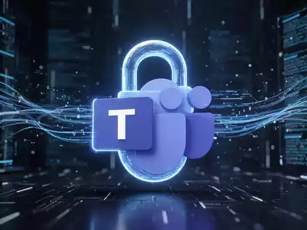 Stilisiertes Schloss-Symbol mit Microsoft Teams-Logo, blau leuchtend vor dunklem, technologischem Hintergrund mit Datenströmen. - Foto: über boerse-global.de