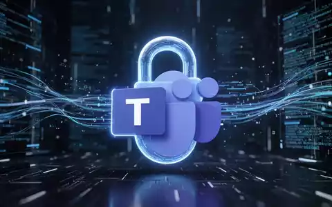 Stilisiertes Schloss-Symbol mit Microsoft Teams-Logo, blau leuchtend vor dunklem, technologischem Hintergrund mit Datenströmen. - Foto: über boerse-global.de