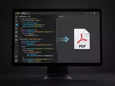 Stilisierter Bildschirm mit Markdown-Editor, der in PDF-Symbol umwandelt, offline. - Foto: über boerse-global.de