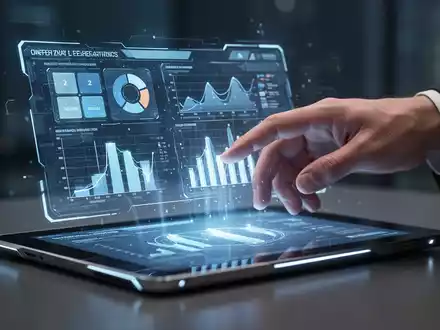 Eine Hand interagiert mit einer holografischen PrĂ€sentationsfolie, die Datenvisualisierungen von einem futuristischen Tablet zeigt. - Foto: ĂŒber boerse-global.de