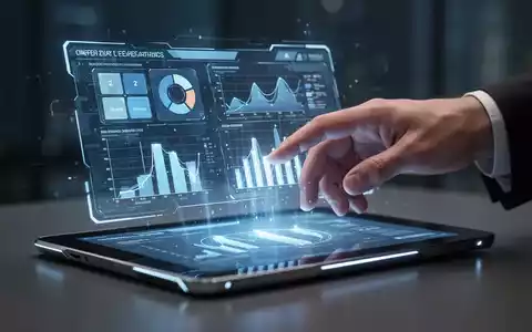 Eine Hand interagiert mit einer holografischen PrĂ€sentationsfolie, die Datenvisualisierungen von einem futuristischen Tablet zeigt. - Foto: ĂŒber boerse-global.de