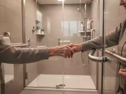 Eine Nahaufnahme der Hand eines älteren Menschen, die einen Haltegriff in einem modernen, barrierefreien Badezimmer erreicht. - Foto: über boerse-global.de