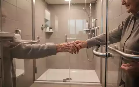 Eine Nahaufnahme der Hand eines älteren Menschen, die einen Haltegriff in einem modernen, barrierefreien Badezimmer erreicht. - Foto: über boerse-global.de